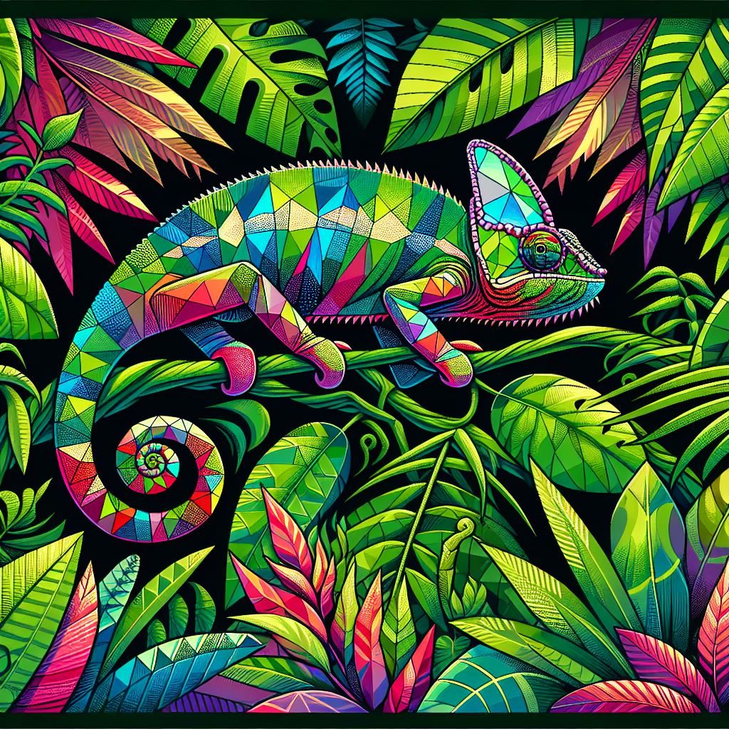 Caméléon de Madagascar illustré dans un style artistique coloré et géométrique, inspiré de la nature et de la culture malgache – création originale Madacraft Culture.